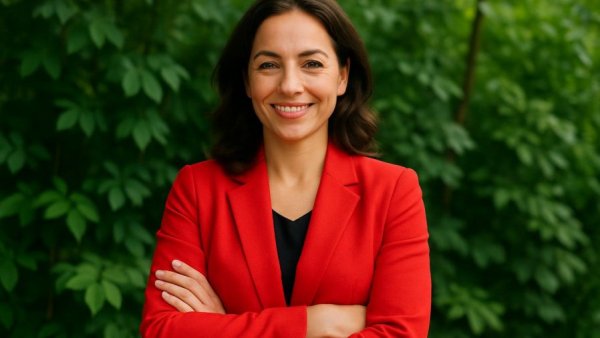 T&M Associates new Chief Financial Officer outdoors in a red jacket, smiling.