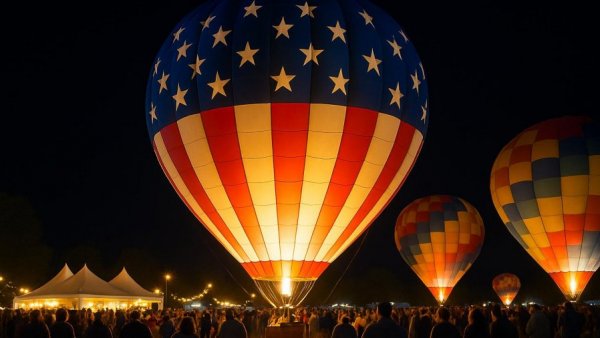 American flag hot air balloon at night during New Jersey Memorial Day Weekend events.