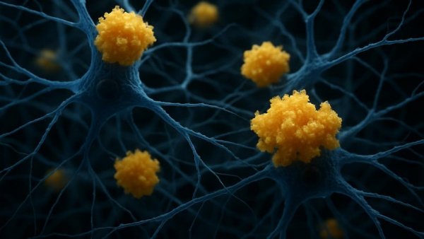 Detailed neural networks with protein aggregates depicting Alzheimer's Drug Analysis.