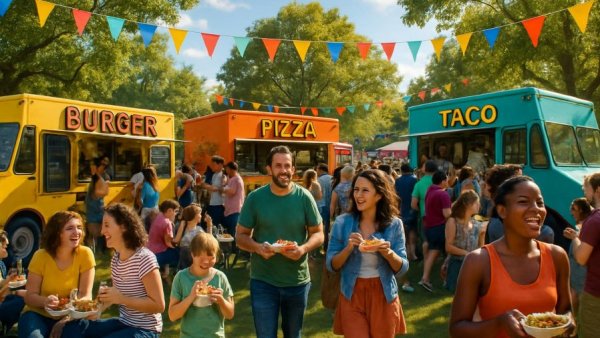 Keyport Food Truck & Music Festival with lively crowd and food trucks in a sunny park.