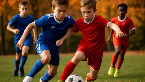 Boys playing soccer outdoors in autumn field, cancer research fundraiser.