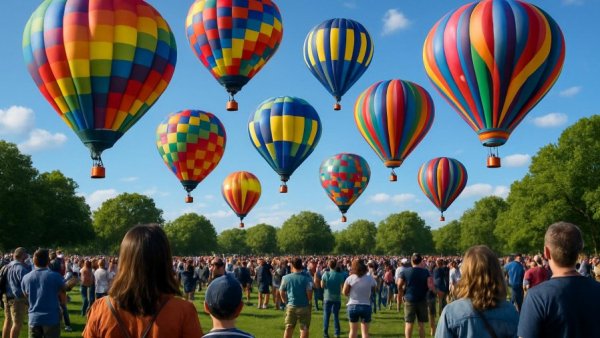 Hot air balloons at a New Jersey June festival with spectators.
