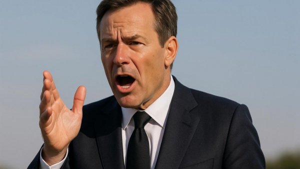 Prominent figure gesturing outdoors under a clear sky.