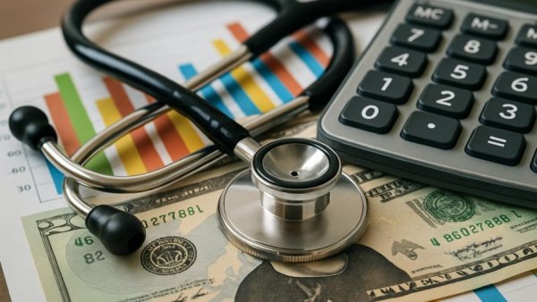 Future Medical Expenses PIP concept with stethoscope and finances.