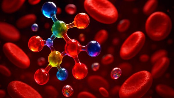 Futuristic 3D molecular structure with red blood cells for PCSK9-targeting gene therapy.