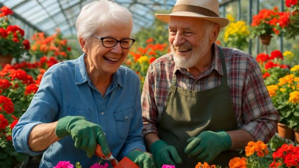 Smiling elderly couple gardening in a floral greenhouse, bright and cheerful.