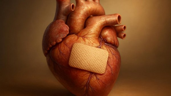 Realistic human heart with a heart muscle patch displaying medical innovation.