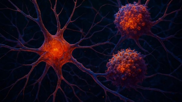 Artistic neurons with Alzheimer's plaques, early Alzheimer's signs midlife brains.