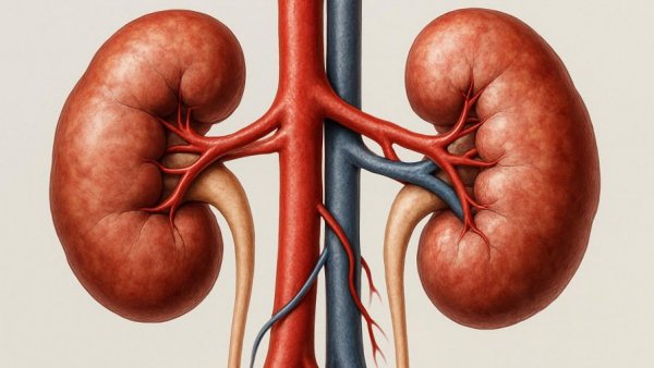 Anatomical illustration of kidneys with renal arteries, highlighting cardiovascular connections.