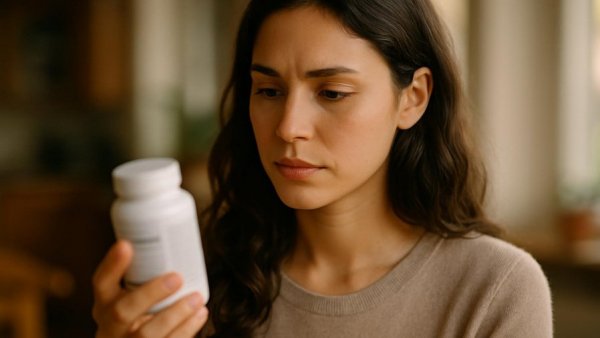 Woman examining supplement effects; bright setting, natural lighting.