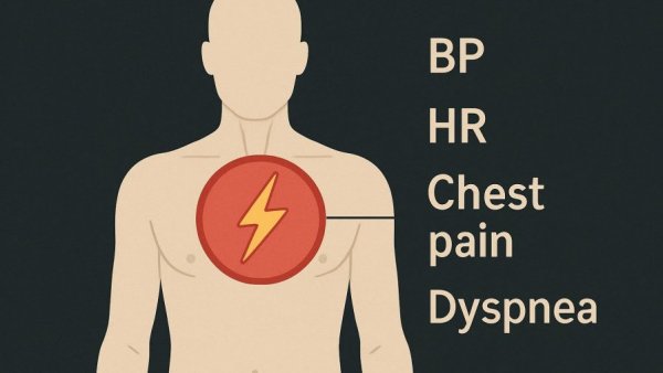Illustration of chest pain and symptoms in silhouette with labels.