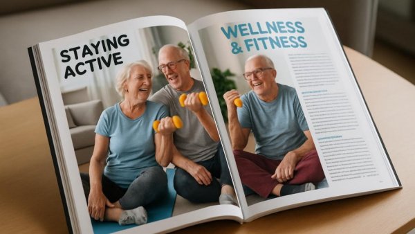 Open wellness magazine featuring senior exercise, Resources for Adult Children Caring for Aging Parents.