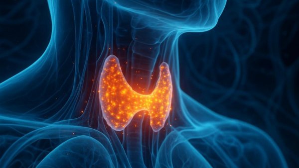 Futuristic Sci-Fi thyroid visualization for Primary Aldosteronism Screening.