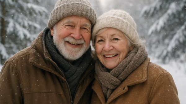 Warmly dressed couple enjoying winter in Maine, smiling in snowy landscape.
