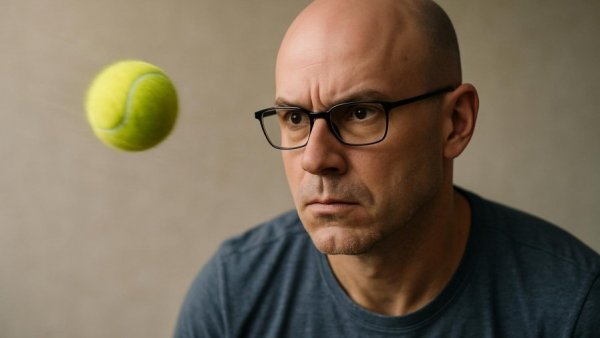 Focused man with glasses observing a tennis ball in motion.