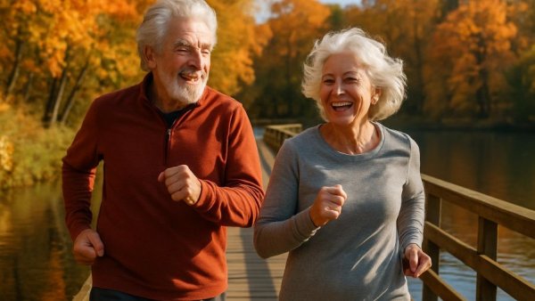 Energetic elderly couple jogging by a lake on a wooden boardwalk, promoting super movers brain aging.