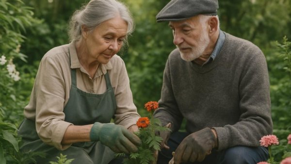 Elderly couple gardening, illustrating independent living emotional challenges