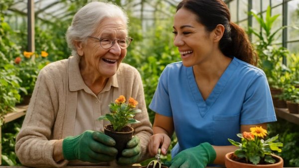 Elderly woman gardening with caregiver in independent living community