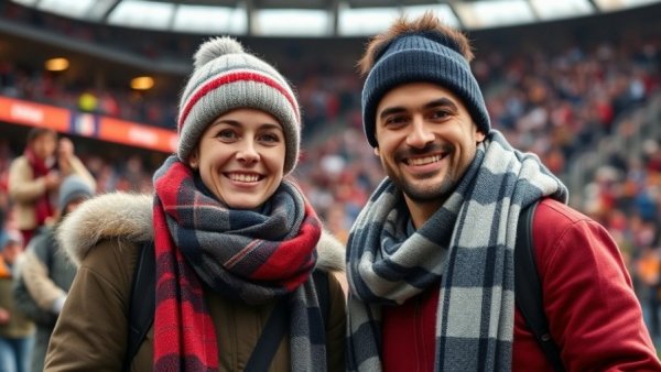 Friendly couple in winter attire at sports stadium, relaxed moment.