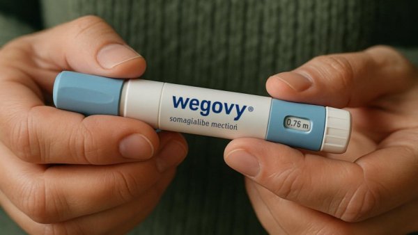 Close-up of hands holding Wegovy injection pen for GLP-1 weight loss.