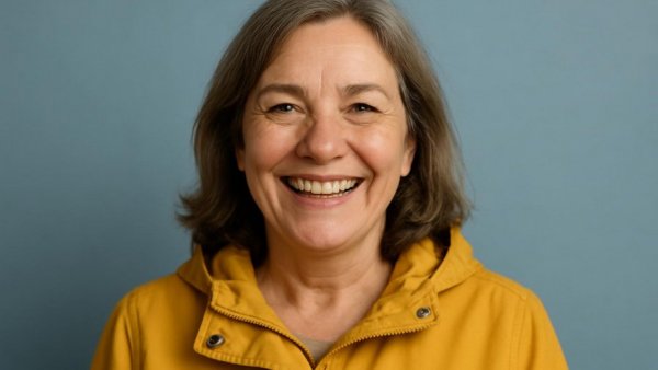 Portrait of a smiling woman with blonde hair in a yellow jacket, soft lighting.