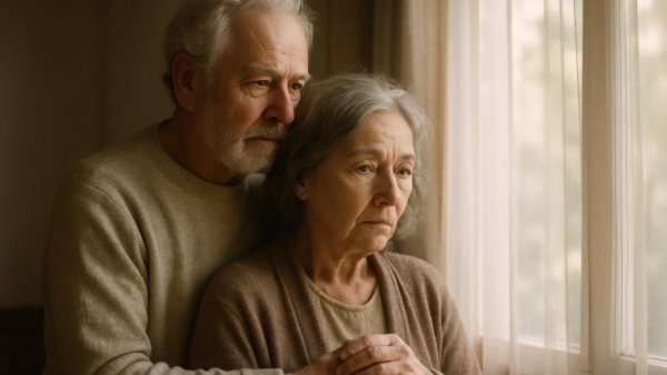 Elderly couple by window expressing spousal dementia risk concern.