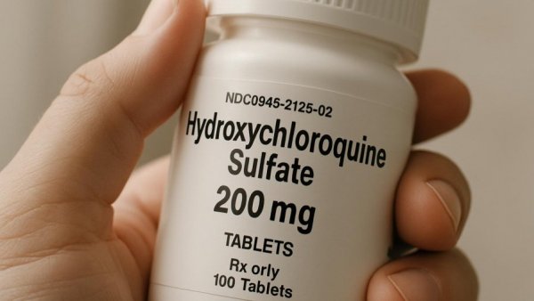 Close-up of Hydroxychloroquine Sulfate bottle emphasizing label details