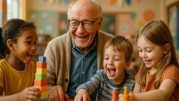Intergenerational programs for seniors and children, adults and kids playing together.