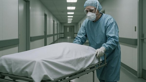 Hospital worker pushing gurney in corridor for COVID excess deaths topic