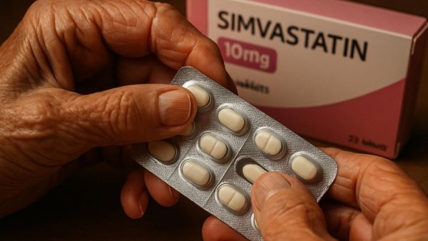 Elderly hands with simvastatin tablets, highlighting stopping statins in elderly.