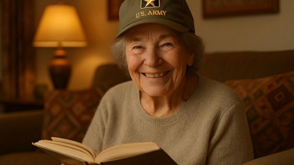 Veteran enjoying a book in senior living community