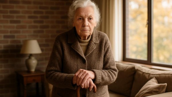 Elderly woman with cane in living room, multi-joint arthritis impact.