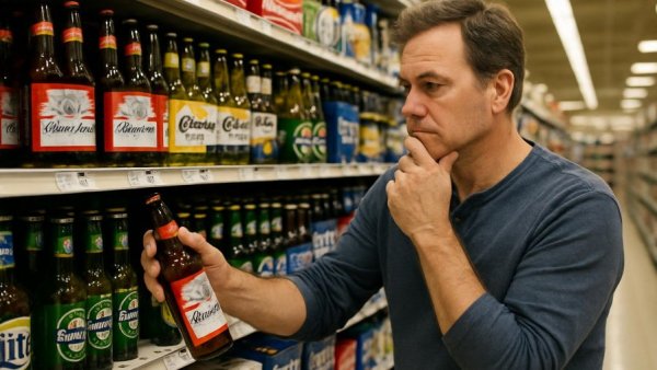 Man browsing beer at grocery store, related to alcohol-linked cancer deaths.
