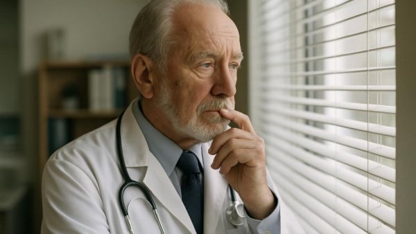 Elderly doctor in reflection, highlighting cognitive screening for aging doctors.