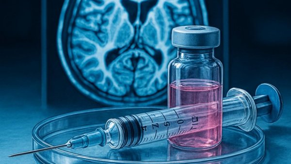 Syringe and vial with brain scan background, highlighting dementia vaccine interest.