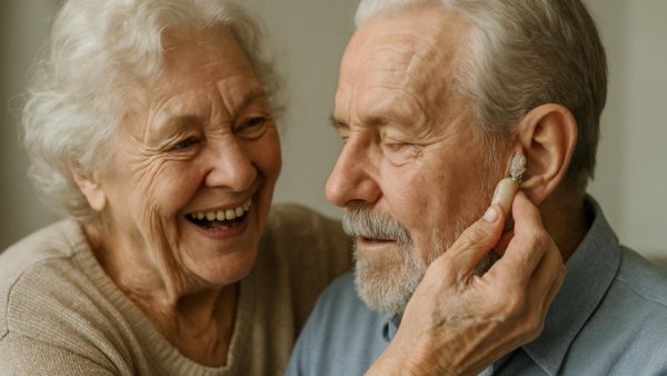 Elderly woman adjusting a hearing aid for a smiling man.