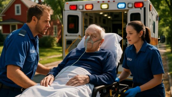 Paramedics and elderly patient, illustrating rising heart failure rates.