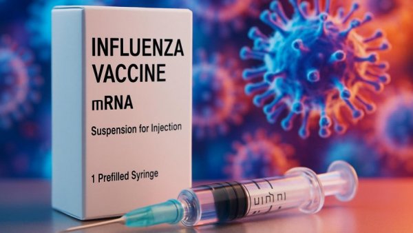 mRNA flu shot packaging and syringe against virus background