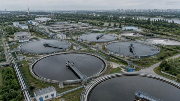 Aerial view of water treatment facility linked to water pollution.