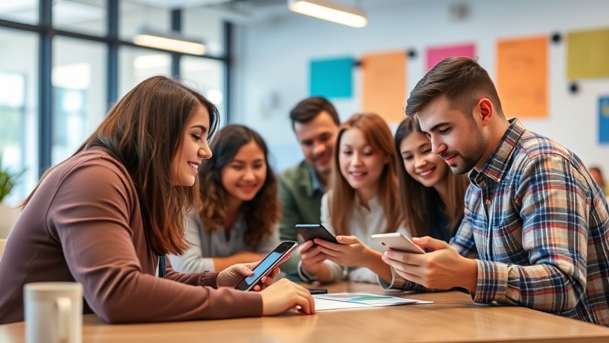 Diverse audience engaging with vibrant mobile ad formats in a colorful office.