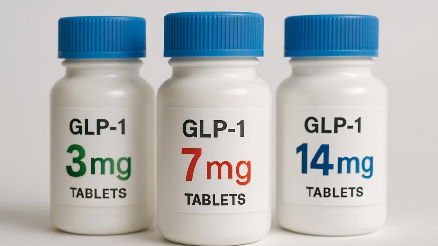 Three white medicine bottles showcasing GLP-1 dosages for heart failure prevention.