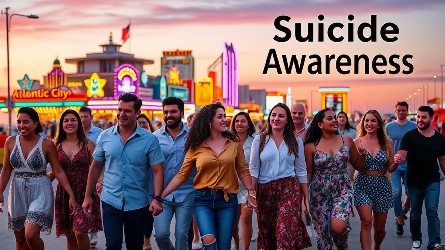 Diverse group united for mental health awareness, walking together on Atlantic City boardwalk.