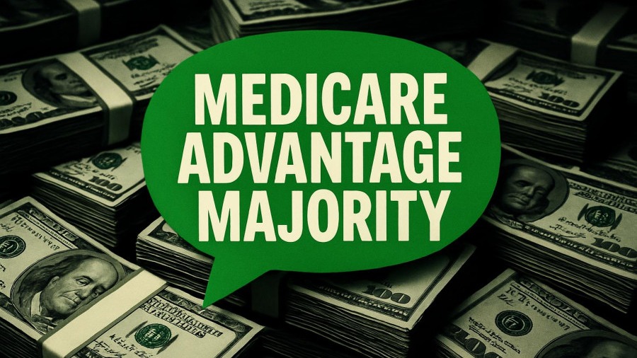 Medicare funding highlighted in green speech bubble over dollar bills.