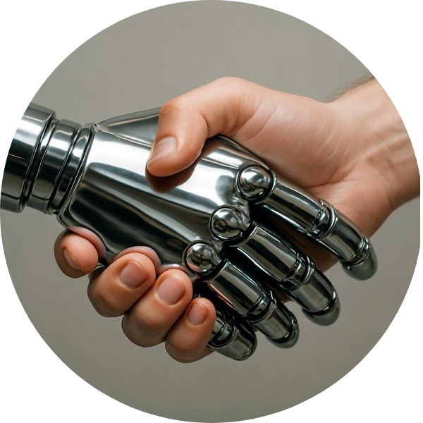 Photo realistic robot hand shaking a human hand, showcasing technology.