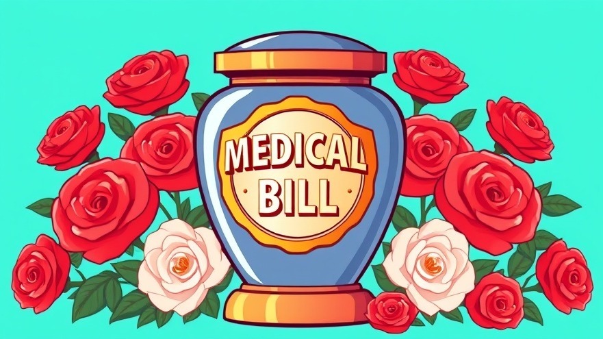 Cartoon funeral urn, medical bill, roses; liability illustration
