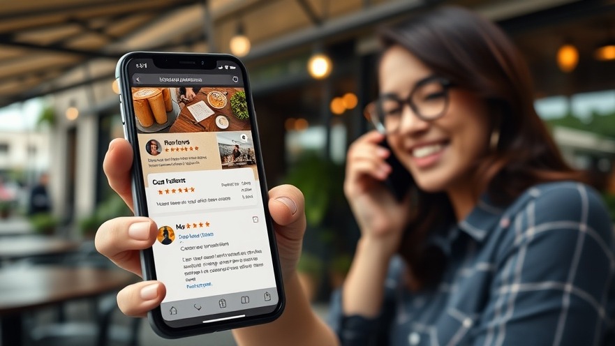 Local business website with reviews on mobile, customer at trendy cafe patio, daytime.