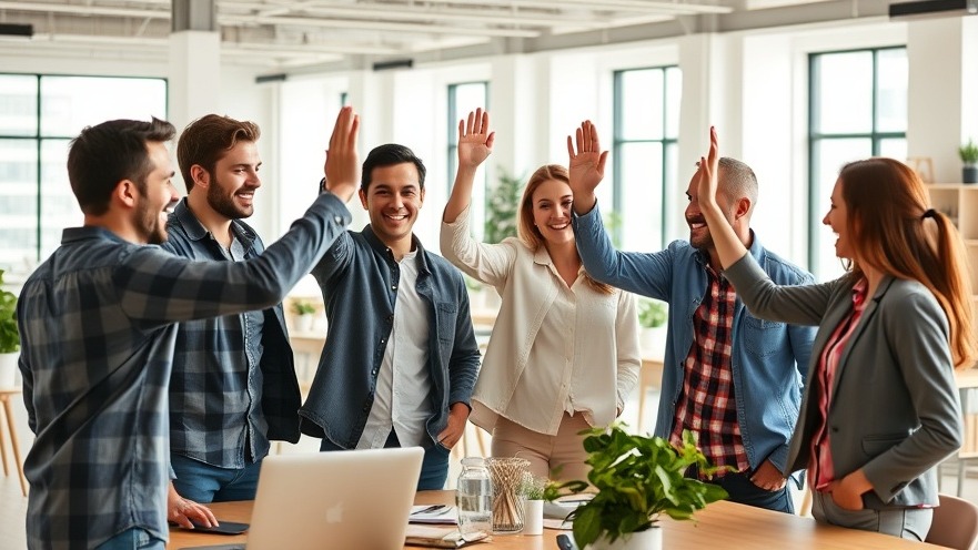Happy team celebrating local marketing success in a bright open-plan workspace.