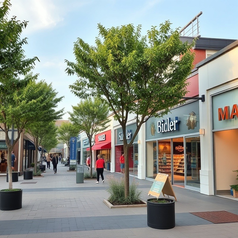 Vibrant outdoor shopping mall featuring popular stores like Zara and Apple.