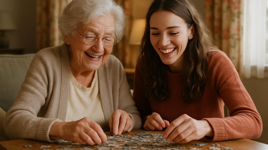 Elderly woman and young girl joyfully assembling a puzzle, promoting memory games for elderly.