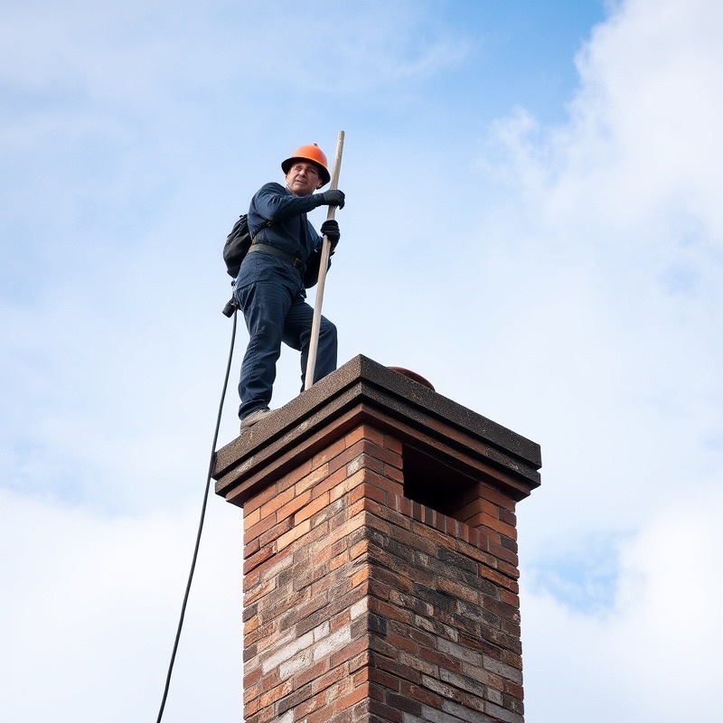 Chimney sweep standing on chimney with pole inside for cleaning.